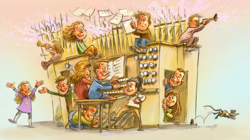 Tegning: Jens Flesjå. Last ned illustrasjonen til Orgelets dag lenger ned på siden og bruk til egne arrangement!