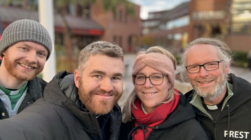 Et bra team i Horten! Anders Ottersen (f.v.), diakon i Horten kirkelige fellesråd, Christian Dag Nilsen, sokneprest i Borre, Lise Horn, kapellan i Horten, og Frode Magnar Andersen, sokneprest i Horten. Foto: Christian Dag Nilsen