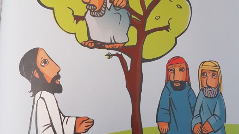 Jesus ser opp på Sakkeus i treet. Foto fra boka "Bibelboka mi" av Tor Ivar Torgauten
