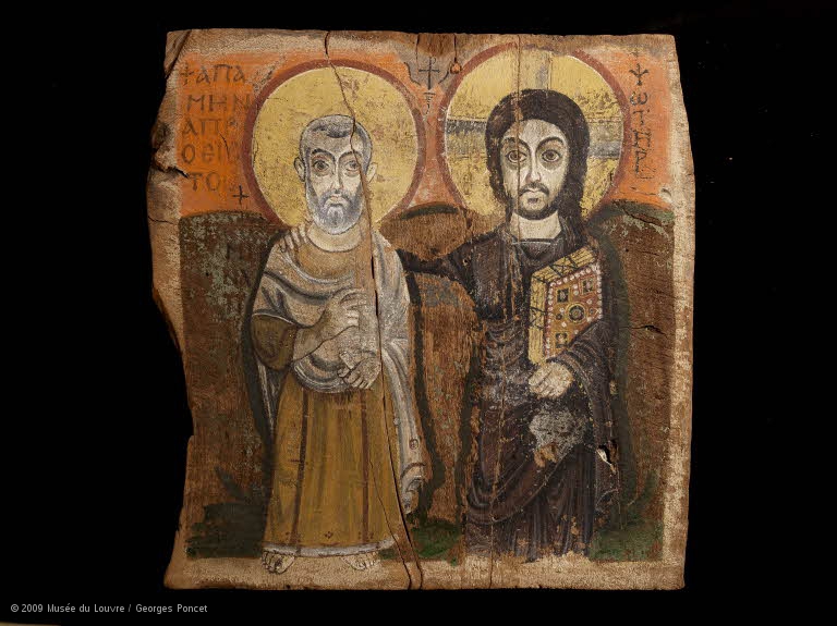 "Jesus og venen hans" Ikonet viser Jesus og ein egyptisk abbed frå ca. år 600 som heitte Menas. Biletet heng i dag i Louvre-muséet i Paris. 