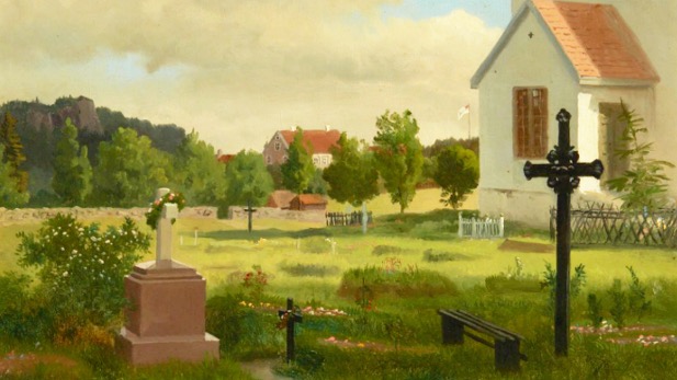 Hans Gudes maleri av Asker kirkegård 1854.