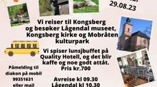 Plakat med bilder av Kongsberg kirke, Lågendal museum. Program for dagen