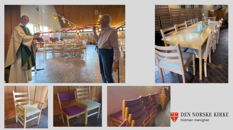 Søndag 26. juni 2022: Sokneprest Gunstein og trofaste kirkegjenger Bjørg Larodd klipper «snora» før stolenes første kirkekaffe!