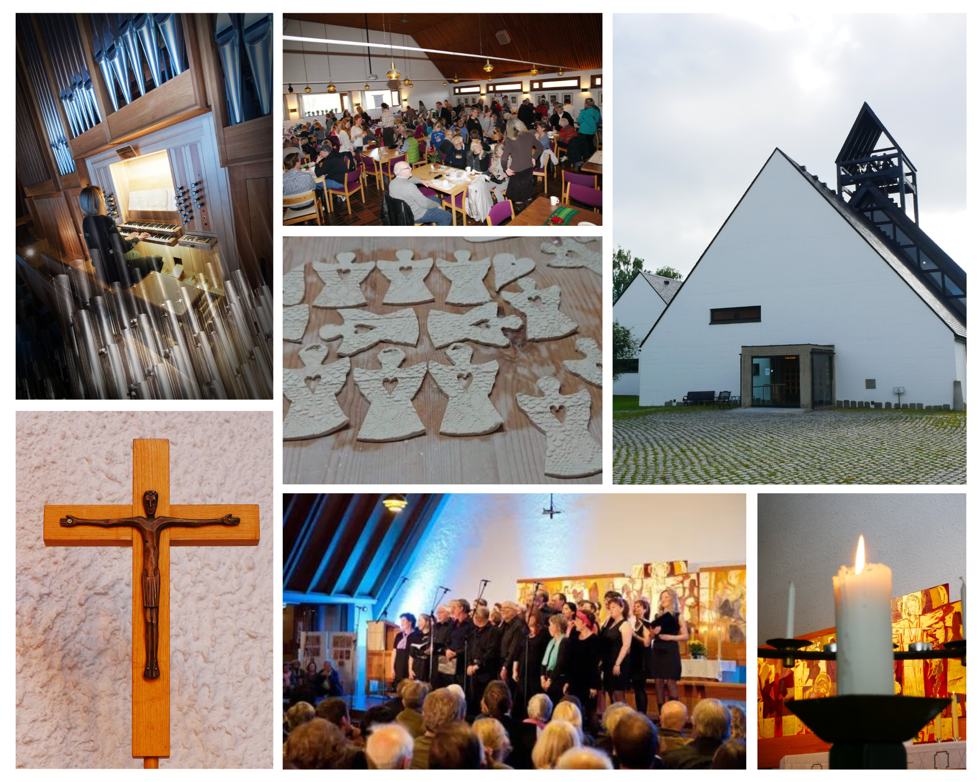Bildekollage med kirkebygg, interiør, musikk og alt det andre som rører seg i menigheten
