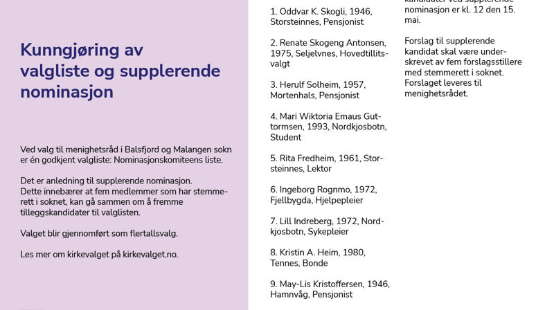 Kunngjøring av valgliste og supplerende nominasjon