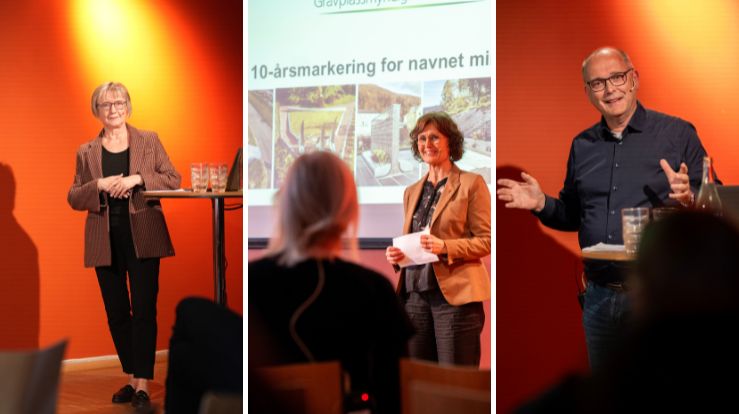 Collage av to kvinner og en mann som snakker for en forsamling innend&oslash;rs. Foto.