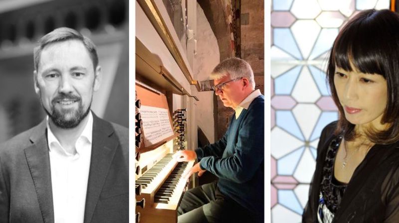 Tre av byens organister inviterer til konserter på det nyrestaurerte orgelet i mars: Sigurd Øgaard, Karstein Askeland og Mariko Takei. (Foto: Gyrid Cecilie Nygaard/Knut Becker/Emi)