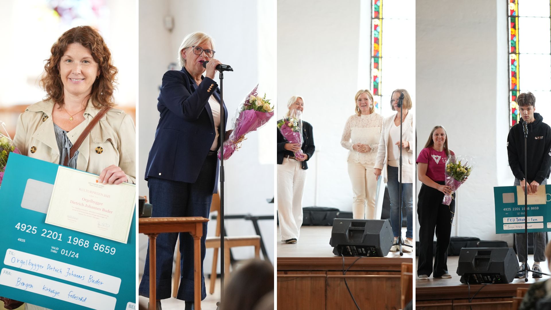 F.v. Kulturprisen til orgelbygger Johannes Buder (konen Guro tok i mot), årets frivillig ble Brith Barsnes Bjordal i Olsvik, Formiddagstreffet i Biskopshavn mottok årets frivillighetspris og FKU Fana mottok pionérprisen.