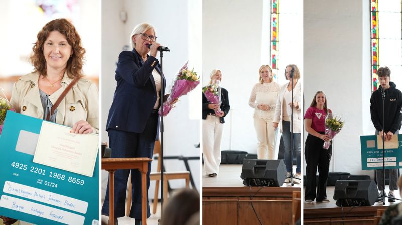 F.v. Kulturprisen til orgelbygger Johannes Buder (konen Guro tok i mot), årets frivillig ble Brith Barsnes Bjordal i Olsvik, Formiddagstreffet i Biskopshavn mottok årets frivillighetspris og FKU Fana mottok pionérprisen.