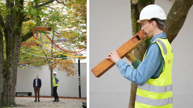 Matias Askvik testar ut dei gamle orgelpipene (t.h.). Han hadde med seg festivalsjef for Bergen kirkeautunnale, Kjetil Almenning, på ein runde for å sjå at alt var på plass før opninga.