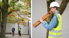 Matias Askvik testar ut dei gamle orgelpipene (t.h.). Han hadde med seg festivalsjef for Bergen kirkeautunnale, Kjetil Almenning, på ein runde for å sjå at alt var på plass før opninga.