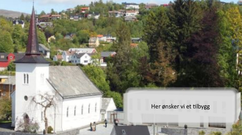 Det planlegges for et tilbygg som skal plasseres til høyre for Birkeland kirke.