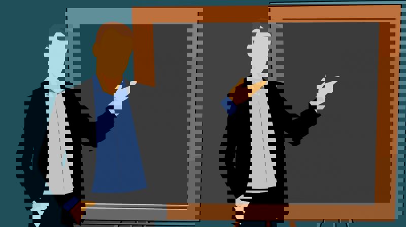 Teikning av lærar som står framføre ei svart tavle og peikar mot tavla