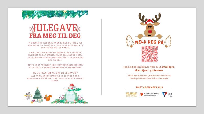 Plakat for prosjektet «Julegave fra meg til deg», med QR-kode i.