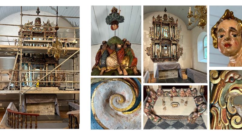 Kollasj av bilder av altertavla i Bodin kirke. Noen viser bilder før oppstart og noen under prosessen av arbeidet med bevaringen.