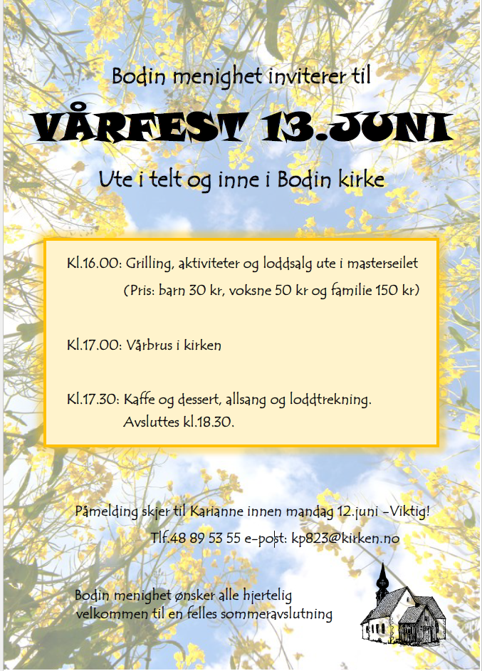 Bodin menighet ønsker velkommen til Vårfest 13. juni kl 16:00 til 18:30