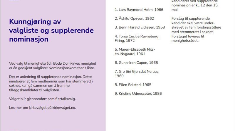 Kirkevalg 2023 - kunngjøring av valgliste og supplerende nominasjon i Bodø Domkirkes menighet