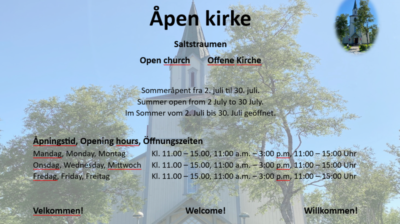 Informasjon fra plakat om sommeråpen kirke, Saltstraumen.