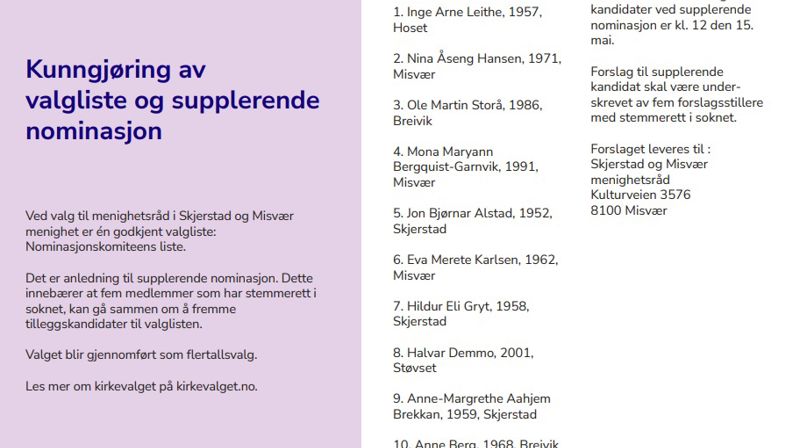 Kirkevalg 2023 - kunngjøring av valgliste og supplerende nominasjon i Skjerstad og Misvær menighet