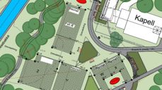 Plakat med tegnet bilde av minnelund på Åssiden kirkegård