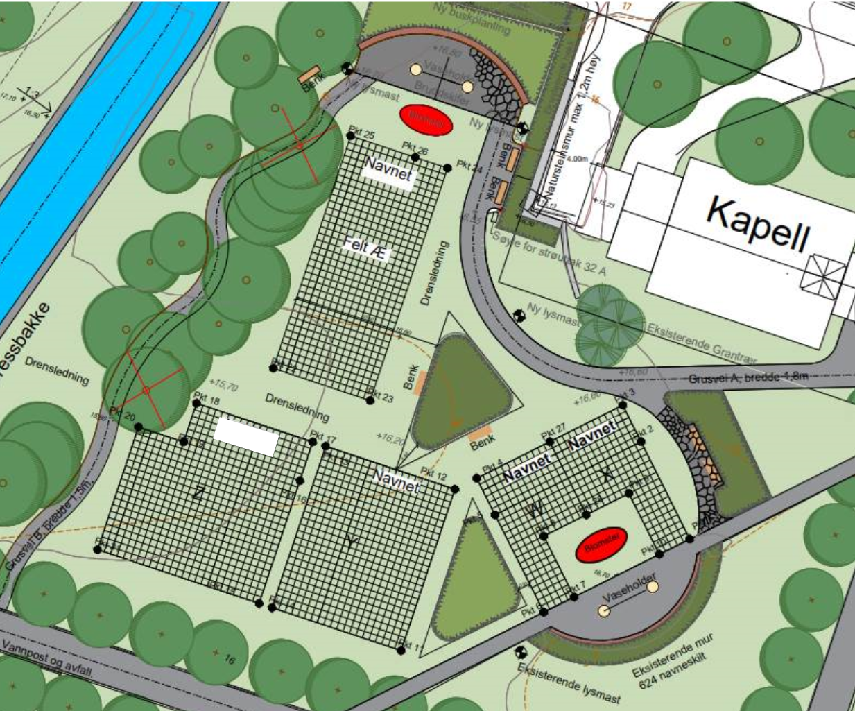 Plakat med tegnet bilde av minnelund på Åssiden kirkegård