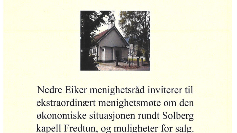 Ekstraordinært menighetsmøte 01.06.25 kl. 13.30 på Solberg kapell Fredtun