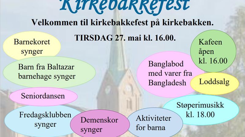 På grunn av været flyttes Kirkebakke-festen inn i kirken og Arbeidskirken. Velkommen til Kirkebakkefest