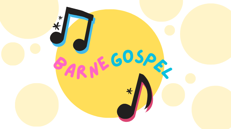 Barnegospel sin logo, gul sirkel med rosa og blå logo, og noter.