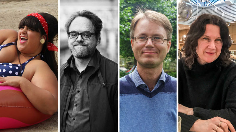 Panelet under neste Fritime: burlesque-danser Fifi von Tassel, ateist/skribent Bjørn Stærk, NLMs forkynner Frode Granerud og prest Kristin Winlund. Foto: Ann Christin Langeid/Siw Pessar/privat/privat.