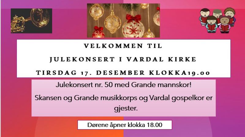 Velkommen til julekonsert i Vardal kirke 17.12.2024 kl 1900!