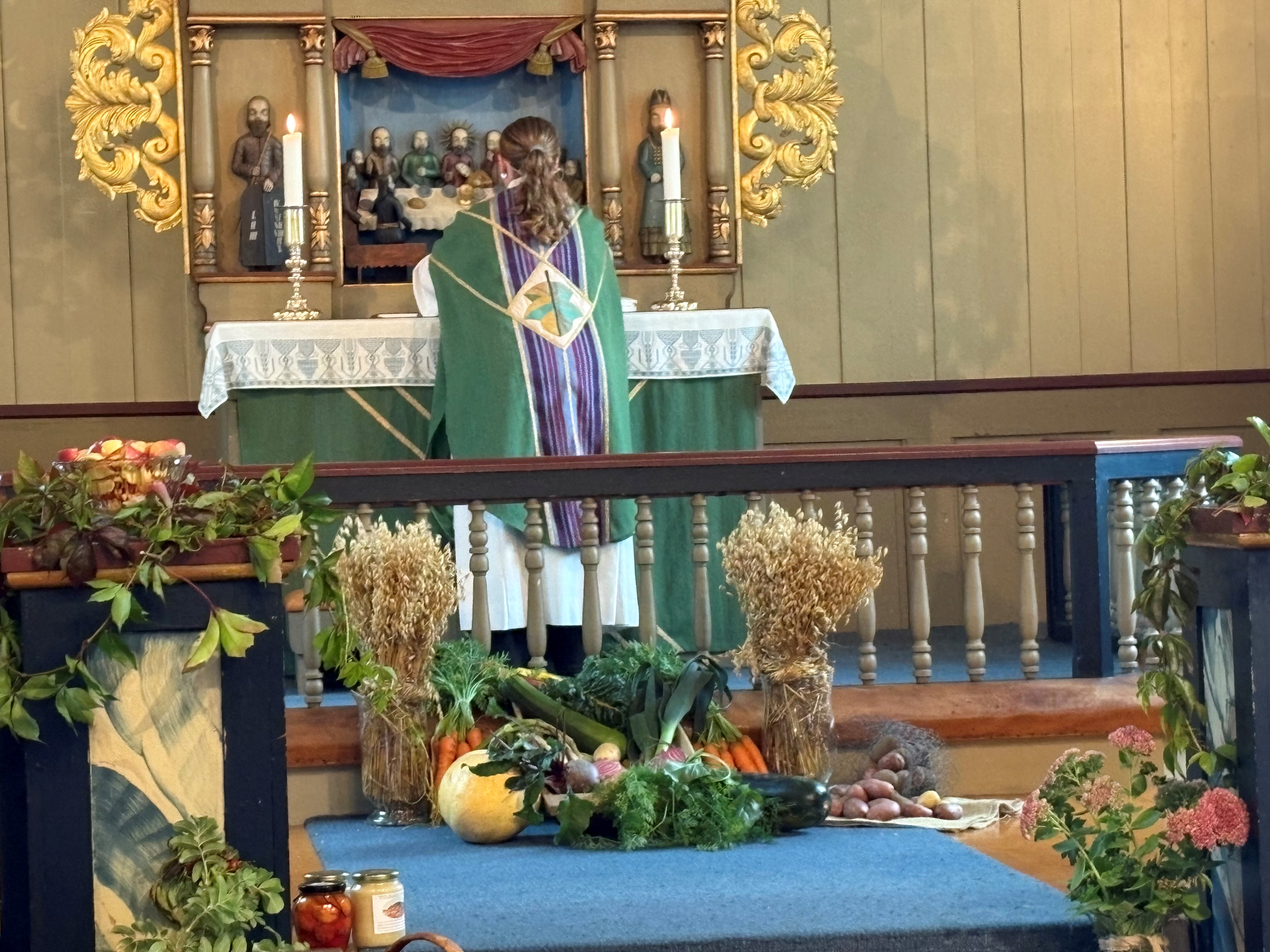 Sokneprest Eli-Kristin Sjøli Ulsund i Nes kirke, pyntet til høsttakkefest. Foto: Inger Stensrud Haug 2025. 