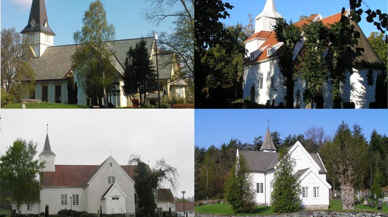 Grimstad- (øverst f.v.), Fjære-, Landvik- og Eide kirke