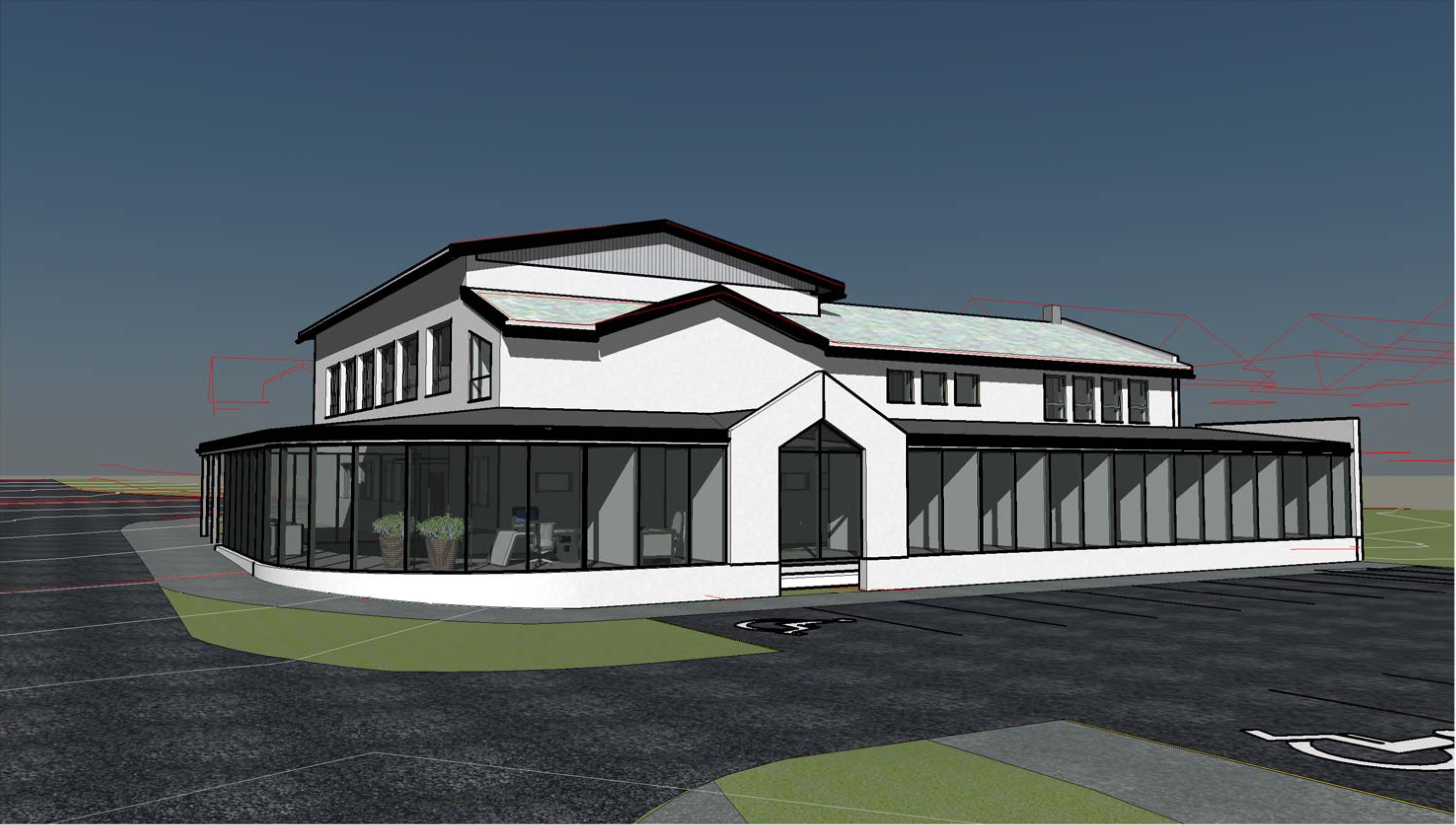 Arkitektskisse utarbeidd av Bucci/Georg Grimstad i samråd med Hareid sokn, er eit reelt eksempel på korleis ei kontorfløy inntil bedehuset kan sjå ut.