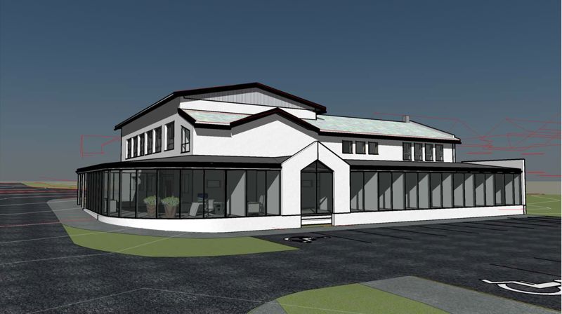 Arkitektskisse utarbeidd av Bucci/Georg Grimstad i samråd med Hareid sokn, er eit reelt eksempel på korleis ei kontorfløy inntil bedehuset kan sjå ut.