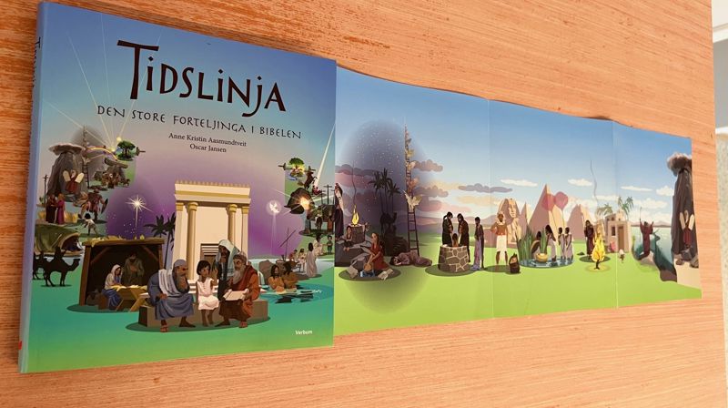 Boka "Tidslinja" som omtaler den store forteljinga i Bibelen, er ei kjekk bok som 10-åringane får i si undervisning. Foto: Hareid sokn