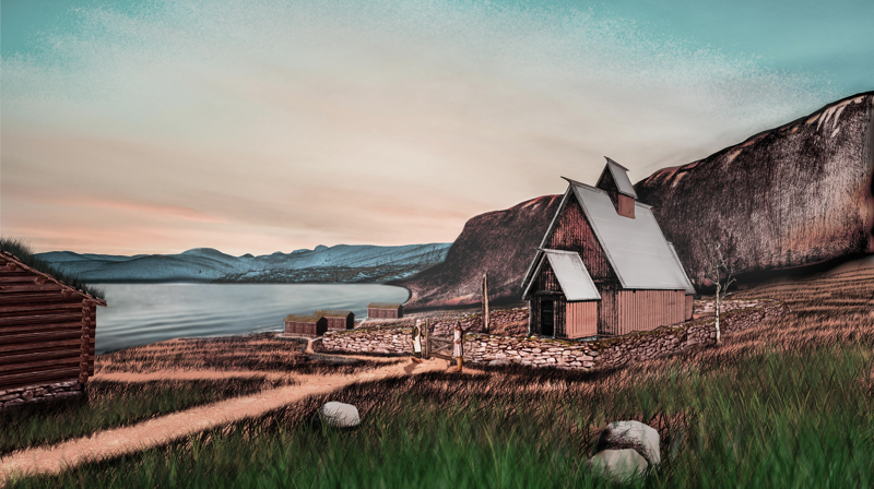 Illustrasjon av stavkyrkja og forhistorisk bautastein. Bautasteinen stend framleis på kyrkjegarden. Teikning av kyrkja og landskap: Arnfinn Mork-Stordal.