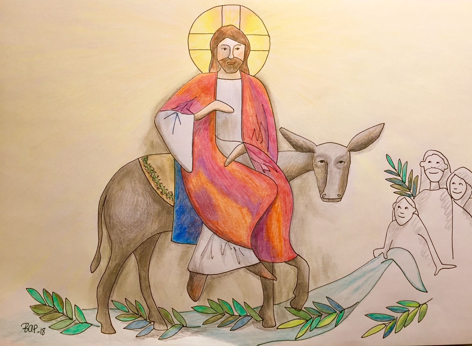 Påskeveka startar med palmesøndag, og det som heiter «den stille veka». Palmesøndag er ein stor festdag i kyrkja, og det er dagen då Jesus kom ridande inn til Jerusalem på eit esel. Illustrasjon: Bente Andreasen Pilskog