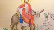 Påskeveka startar med palmesøndag, og det som heiter «den stille veka». Palmesøndag er ein stor festdag i kyrkja, og det er dagen då Jesus kom ridande inn til Jerusalem på eit esel. Illustrasjon: Bente Andreasen Pilskog