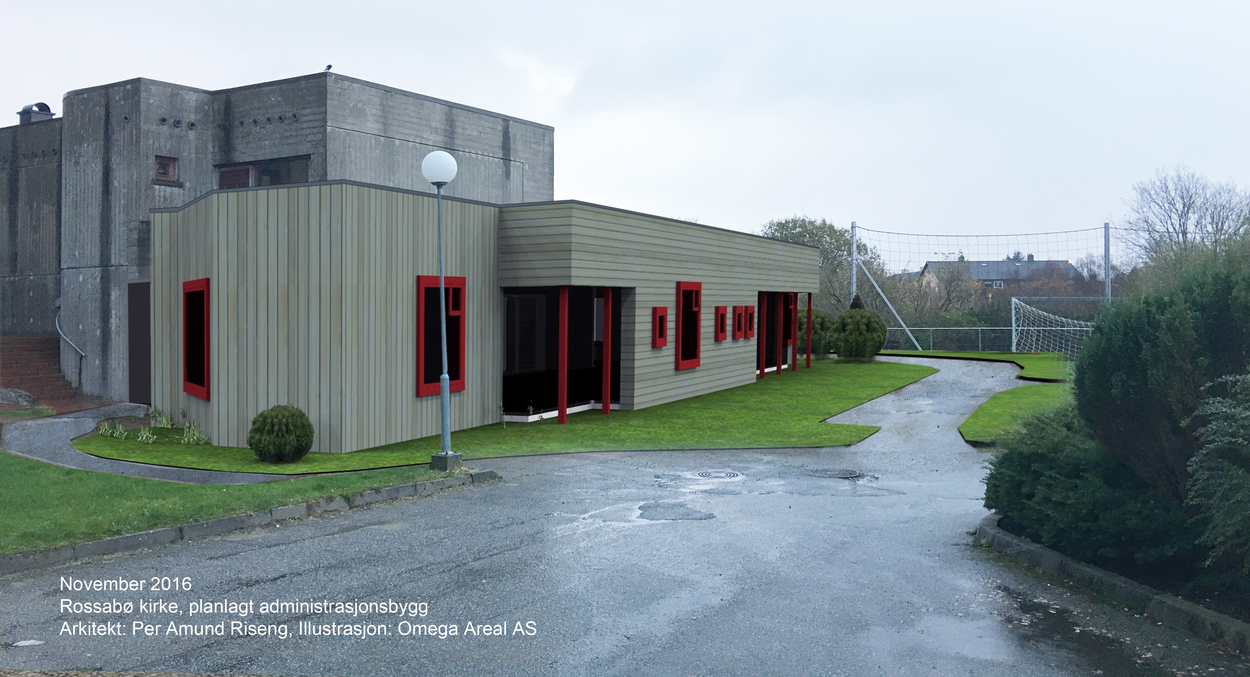 Fotomontasje: Ny del foran dagens kirkestue.