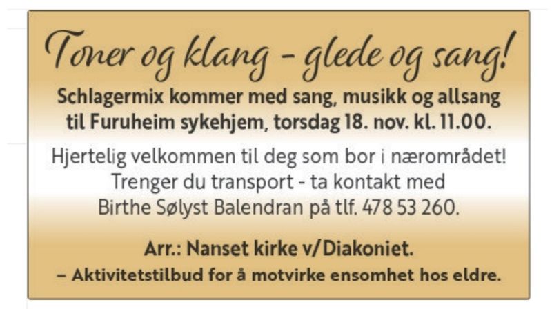Toner og klang - glede og sang! Furuheim 18. nov. kl. 11.00