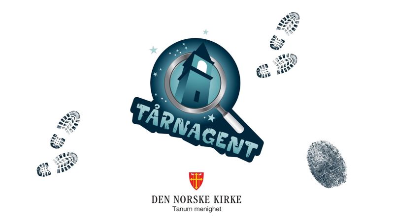 Logo for tårnagentene med menighetslogo under. Fotavtrykk og fingeravtrykk dekorerer rundt.