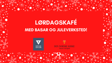 Snøkrystallramme med logo til menighet og forening og tittel "Lørdagskafe med basar og juleverksted."