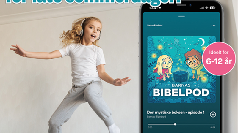 Bilde av en jente med hodetelefoner, som hopper i senga. Bilde av en stor mobiltelefon ved siden av jenta.