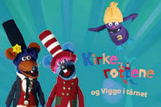 Tegning av Kirkerottene Vesle og Fredo, og flaggermus Viggo på grønn plakat. Bildet fra IKO.