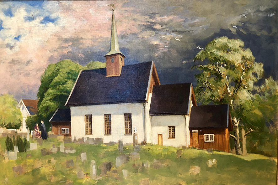 Slik så Tore Sakshaug Nesodden kirke, for snart tretti år siden – og slik kom maleriet «hjem»