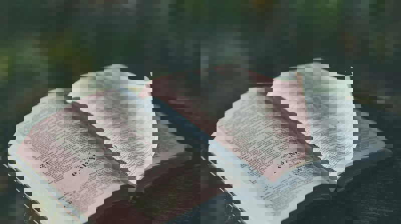 Bibelen åpnet på en salmeside - Foto avAaron Burden på Unsplash