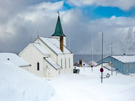 Honningsvåg Church in winter light. Photo: Niels Westphal