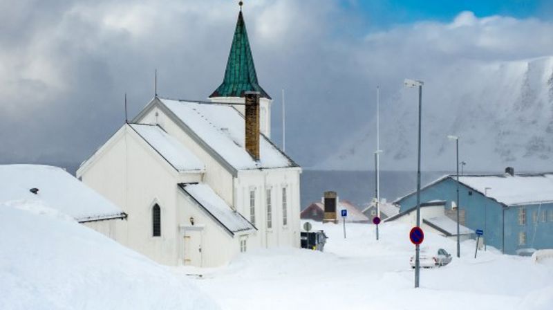Honningsvåg Church in winter light. Photo: Niels Westphal