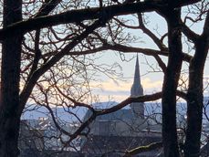 Uranienborg kirke er det best synlige kirketårnet i Oslo. Her ser du det fra toppen av St. Hanshaugen.