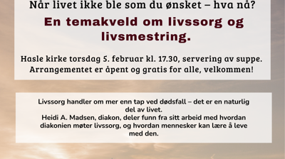 Torsdag 5. februar kl. 1730: Velkommen til temakveld om livssorg og livsmestring